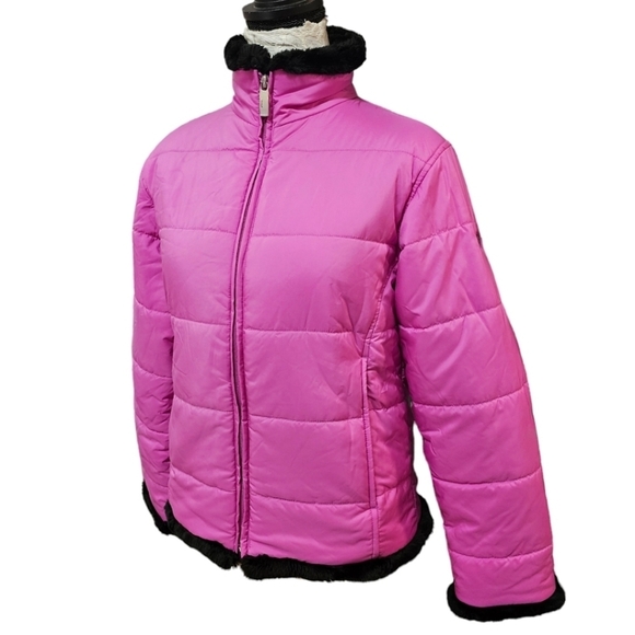Spyder Pink Full Zip Front Puffer Jacket Black Faux Fur Trim Size 4 Outdoor Snow - Picture 2 of 12